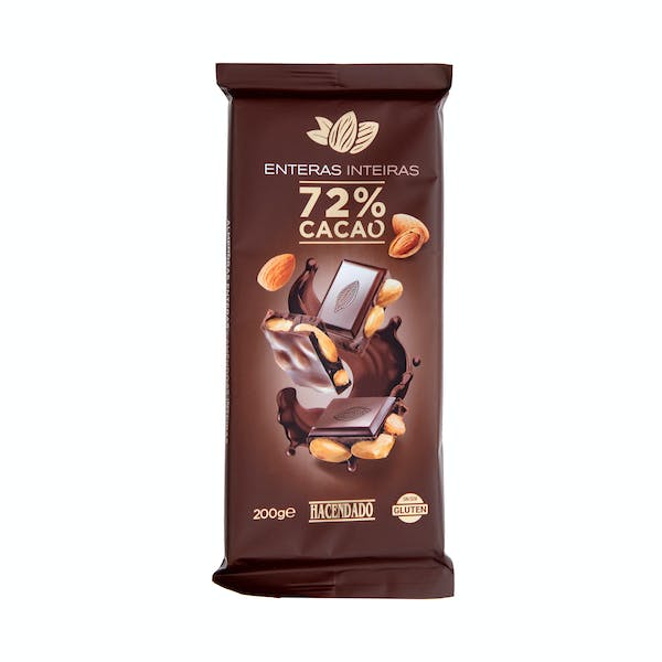 Chocolate negro 72% cacao extrafino Hacendado con almendras enteras Tableta 0.2 kg