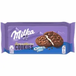 Galletas cookies de cacao con pepitas rellenas de crema Oreo Milka 156 g.