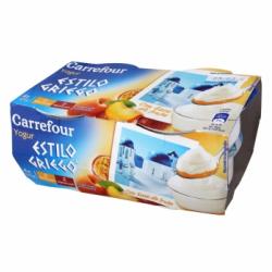 Yogur griego bicapa de maracuyá y de melocotón Carrefour pack de 4 unidades de 125 g.