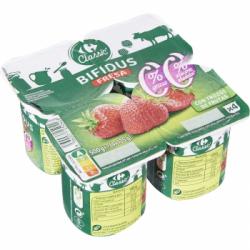 Bífidus desnatado con trozos de fresa sin azúcar añadido Carrefour Classic' pack de 4 unidades de 125 g.