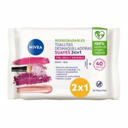 Toallitas desmaquilladoras suaves para ojos y rostro piel seca y sensible Nivea 40 ud.