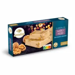 Turrón de nata y nuez sin azúcar añadido Carrefour Sensation sin gluten 200 g.