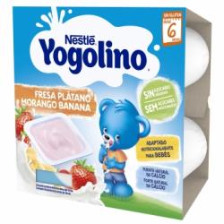 Postre lácteo de fresa y plátano desde 6 meses sin azúcares añadidos Nestlé Yogolino sin gluten sin aceite de palma pack de 4 unidades de 100 g.