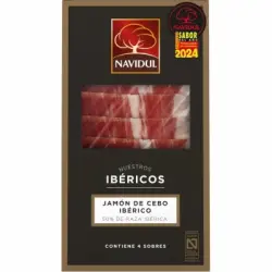 Estuche de jamón de cebo ibérico 50% raza ibérica en lonchas Navidul pack de 4 sobres de 40 g.