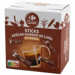 Azúcar moreno de caña integral en sticks Classic ́ Carrefour 300 g.