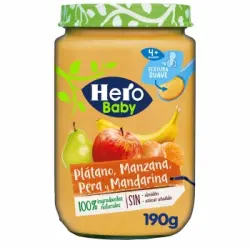 Tarrito de plátano, manzana, pera y mandarina desde 4 meses Hero Baby sin gluten y sin azúcar añadido 190 g.