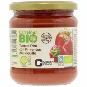 Tomate frito ecológico con pimientos de piquillo Carrefour Bio sin gluten tarro 325 g.