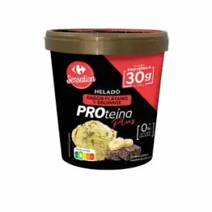 Helado proteína plátano con brownie Carrefour Sensation sin azúcar añadido 300 g.