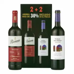 Caja de 4 botellas de vino tinto crianza Beronia D.O. Ca. Rioja y vino tinto crianza Viñas Del Vero D.O. Somontano 75 cl.