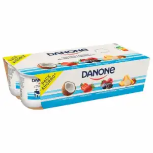 Yogur de coco, fresa, frutos del bosque y macedonia Danone sin gluten pack de 8 unidades de 120 g.