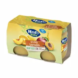 Tarrito de frutas variadas desde 4 meses Hero Baby sin gluten pack de 2 unidades de 120 g.