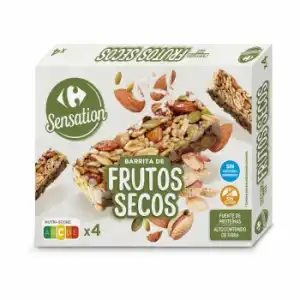 Barritas de frutos secos sin azúcar añadido Sensation Carrefour sin gluten pack de 4 unidades de 30 g.