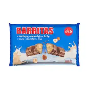 Barritas de barquillo Hacendado con relleno de avellana cubiertas de chocolate con leche Paquete 0.123 kg