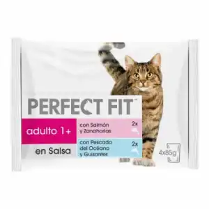 Comida húmeda esterilizada de pescado y verduras para gatos Perfect Fit pack de 4 unidades de 85 g.