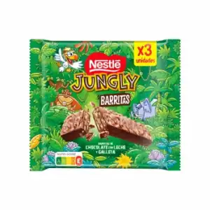 Barritas de chocolate con leche y galleta Jungly pack de 3 unidades de 34 g.