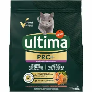 Pienso esterilizado de salmón para gatos adultos Ultima PRO+ 375 g.