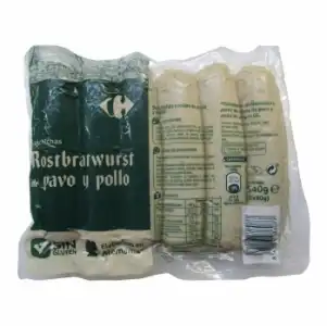 Salchichas rostbratwurst de pavo y pollo Carrefour sin gluten sin lactosa 540 g.