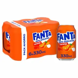 Fanta de naranja zero azúcares añadidos pack 6 latas 33 cl.