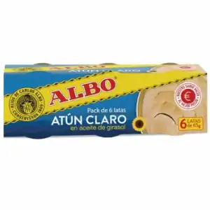 Atún claro en aceite de girasol Albo sin gluten y sin lacotsa pack de 6 latas de 65 g.