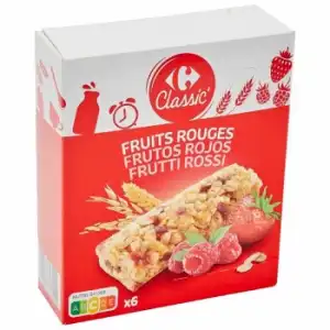 Barritas de cereales con frutos rojos Classic Carrefour pack de 6 unidades de 18 g.