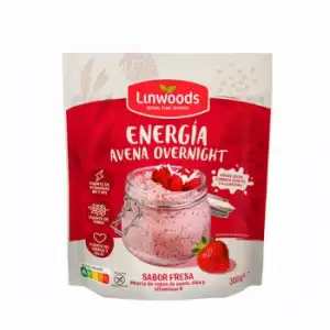 Copos de avena con chía y vitaminas B sabor fresa Linwoods sin gluten y sin azúcar añadido doy pack 300 g.