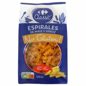 Espirales de maíz y arroz Carrefour sin gluten 500 g.