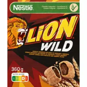 Cereales integrales rellenos de chocolate sabor caramelo Lion Wild Nestlé 360 g.