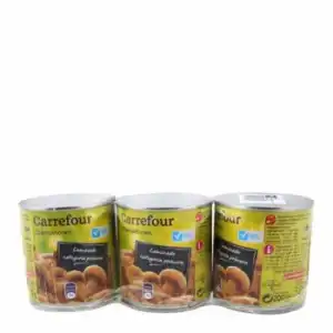 Champiñones laminados bajos de sal Carrefour pack de 3 unidades de 115 g.