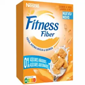 Cereales integrales de trigo, avena y quinoa sabor miel Fitness Fibra Nestlé sin azúcar añadido 310 g.