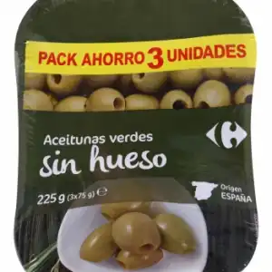 Aceitunas manzanilla sin hueso Carrefour pack de 3 unidades de 75 g.