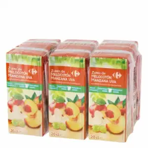 Zumo de melocotón, manzana y uva Carrefour pack de 6 briks de 20 cl.