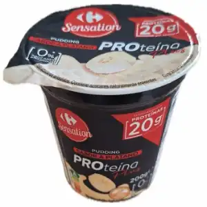 Pudding desnatado sabor plátano proteína plus Sensation Carrefour sin gluten y sin azúcar añadido 200 g.