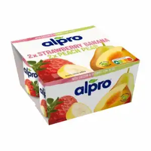 Preparado de soja fermentado fresa-plátano y melocotón-pera Alpro Danone pack de 4 unidades de 125 g.