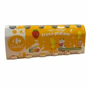 Yogur liquido con fresa y plátano Carrefour Classic ́ sin gluten pack de 12 unidades de 100 g.