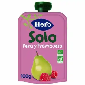 Bolsita de pera y frambuesa desde 4 meses ecológico Hero Solo sin gluten y sin azúcar añadido 100 g.