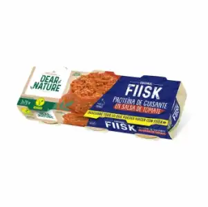 Preparación vegana a base de proteína de guisante en salsa de tomate Fiisk Dear Nature Frinsa pack de 3 unidades de 70 g.