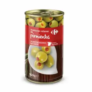 Aceitunas rellenas de pimientos Carrefour sin gluten y sin lactosa 150 g.