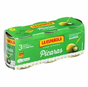 Aceitunas verdes rellenas de trocitos de jalapeño Pícaras La Española sin gluten pack de 3 latas de 50 g.