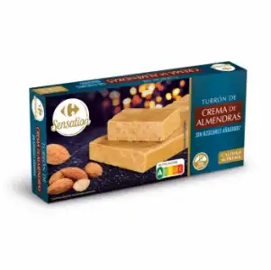 Turrón de crema de almendras sin azúcar añadido Sensation Carrefour sin gluten 200 g.