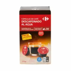 Café descafeinado al agua en cápsulas Carrefour compatible con Dolce Gusto 30 unidades de 7 g.