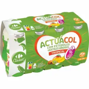 Leche fermentada líquida tropical sin azúcar añadido Carrefour Actuacol sin gluten pack de 8 unidades de 100 g.