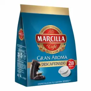 Café descafeinado monodosis Gran Aroma Marcilla compatible con Senseo 28 unidades de 7 g.