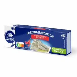 Sardinillas en aceite de girasol picantes Classic Carrefour pack de 2 unidades de 65 g.