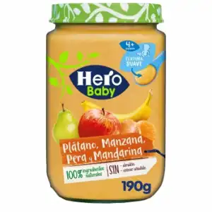 Tarrito de plátano, manzana, pera y mandarina desde 4 meses Hero Baby sin gluten y sin azúcar añadido 190 g.